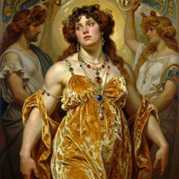 highly detailed oil painting of thick muscular zarya, glowing skin, gold ombre velvet gown, greek scene, beautiful face by leyendecker, dozens of jeweled necklaces, by greg rutkowski, brom, anato finnstark, alphonse mucha, cinematic lighting,