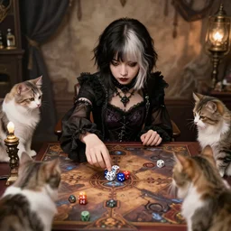a small goth girl with short air is playin dungeon and dragons and she is throwing dices over the table, surrounded by cats