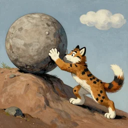 as a furry pushing a boulder up a hill In the style of Pablo Picasso