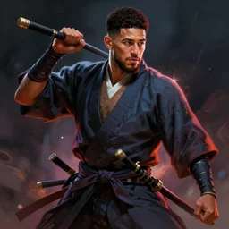 portrait of devin booker as a ronin samurai, wearing a haori, by wlop and peter mohrbacher, dramatic action pose, extremely detailed shading, concept art, digital painting, trending on artstation, atmosphere, glow, cinematic lighting, full of color