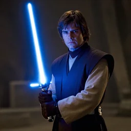 Guy Fier in Star Wars Revenge of the Sith, Jedi Knight, blue light saber, movie still, cinematic, kodak 2383, 55mm lens