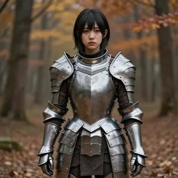 a masterpiece hyperrealistic ultradetailed fullbody photograph of a lifelike real human anime girl wearing steel plate armor, autumn forest background, made by wlop, trending on artstation, sad, actual person, k - pop, rough skin pores texture, photoreal image, desaturated, 3 d rendered, unreal engine 5, extremely detailed, sharp focus, 4 k