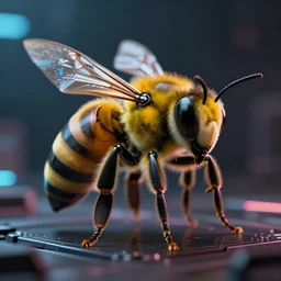a photo of 8k cyberpunk bee, cinematic lighting, trending on artstation, 4k, hyperrealistic, focused, high details, unreal engine 5, cinematic, masterpiece