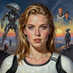 A mixed media portrait painting of a very beautiful light-brown-hair / blonde starship-troopers woman on an alien planet, sweat, aesthetic symmetrical face and eyes, photorealistic, model, wet, pacific-rim-mech in background, dawn of the space age pinup style, by Frank Frazetta, Beeple, Greg Rutkowski, Christian MacNevin, Boris Vallejo, epic fantasy character art, high fantasy, CGsociety, exquisite detail, post-processing, masterpiece, cinematic
