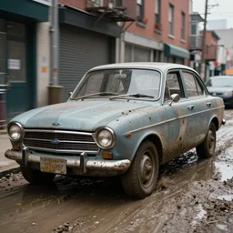 street photography by saul leiter, in a muddy new york high quality alley, award winning photo of an ultra detailed dirty high quality vintage ford car speeding very fast on mud, fast shutter speed, motion blur, tiny gaussian blur, highly detailed, highly intricate, depth of field, trending on top gear