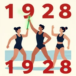 a 1 9 2 8 poster with stylized people in swimming suits holding a green short glowing rod. happy sporty people.