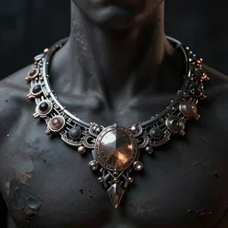 the necklace of destiny, dark background, cybernetic, platinum and bronze, cinematic lighting, battered, trending on artstation, 4 k, hyperrealistic, focused, extreme details, unreal engine 5, cinematic, masterpiece, art by ayami kojima