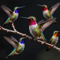 colorful beautiful multiple hummingbird on tree, volumetric dramatic light, dark black background, sharp focus, highly realistic, octane render, art by greg rutsowski