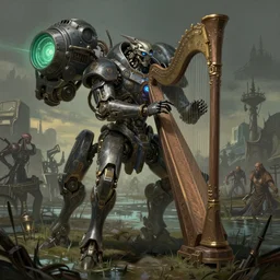 full shot portrait of medieval - cyberpunk - mech four - legged with giant laserturret and playing on the laser harp, cyberpunk 2 0 8 8, scene of swamp battleground background, elegant, digital illustration, detailed, intricate, sharp focus, digital painting, deep focus, artstation, matte, art by artgerm and greg rutkowski and alphonse mucha
