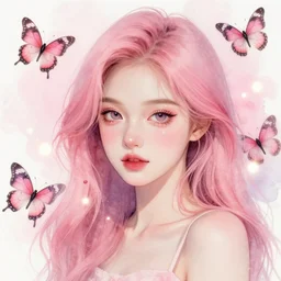 portrait of a beautiful girl, artgerm, watercolor style, pink hues, trending on artstation, intricate, detailed, butterflies on the background, bokeh, light leaks