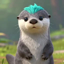 male grey anthropomorphic grey otter with turquoise head hair and orange nose and white tummy, artstation, fantasy, pixar