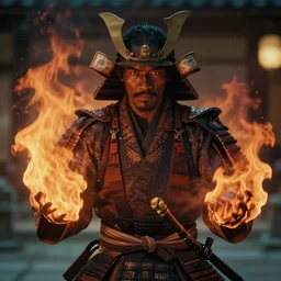 a film still of a black man starring in a japanese blockbuster film as ancient evil samurai with fire powers, shallow depth of field, cinematic, award winning cgi, vfx, film still