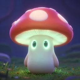 glowing mushroom character with big oval shaped eyes. pixar.