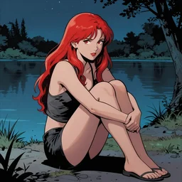 a beautiful comic book illustration of a woman with long red hair sitting near a lake at night by daniela uhlig, featured on artstation