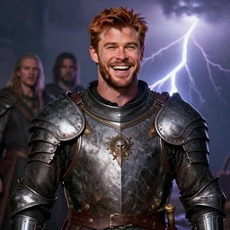 stunning portrait of ( ( ( laughing ) ) ) ( ( ( ( copper haired chris hemsworth ) ) ) ) as destruction from sandman looking like kristofer hivju!!, medival armour!!!!!!!!, by jeremy mann, by frank moth, jeff easley, alphonse mucha, dave mckean, thunder & lightning, soft lightning, high detailed, 8