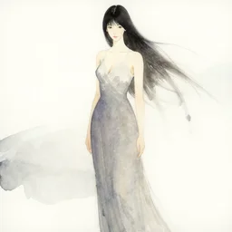 kirchner, impressionist watercolor strokes, gifford beal, high - angle dramatic portrait of the nature goddess on a white background by bruce pennington and yoshitaka amano, minimalist japanese watercolor, fine art america, long dress
