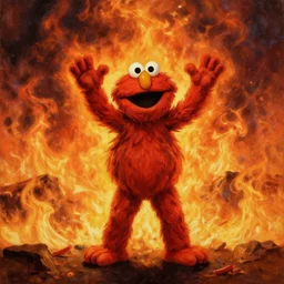 elmo standing in front of a massive endless fire with his hands raised in an evil pose, epic oil painting by michael whelan