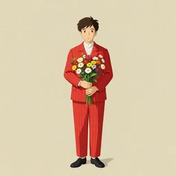 artwork by Michael Whelan, Bob Larkin and Tomer Hanuka, of a solo individual portrait of person with flowers wearing a 1920s red striped outfit, dapper, simple illustration, domestic, nostalgic, full of details, by Makoto Shinkai and thomas kinkade, wes anderson, wes anderson, wes anderson, wes anderson, wes anderson, Matte painting, trending on artstation and unreal engine