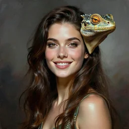 a fantasy creature portrait, beautiful girl, lizard like, alien, happy, carlos huante, wayne barlowe, boris vallejo, frank frazetta