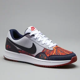 Nike causal shoe inspired by volcanos and lava. Sigma 85mm f/8, high detail, bright color scheme,