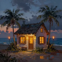 cute cozy cottage!! on a tiny small island, torches, chairs, palm trees, dark very late evening cloudy sunset, dramatic and dynamic lighting, thick brush strokes oil impasto painting