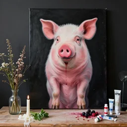 “ a portrait in a female art student ’ s apartment, sensual, a pig theme, organic, art supplies, paint tubes, ikebana, herbs, a candle dripping white wax, black walls, squashed berries, berry juice drips, acrylic and spray paint and oilstick on canvas, surrealism, neoexpressionism ”