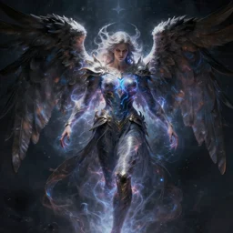 hiperrealistic, ultra detailed painting of an archangel made of cosmic energy, character art, character study, 4 k uhd, post production, dark tones, intricate, masterpiece, sharp focus, unreal engine 5