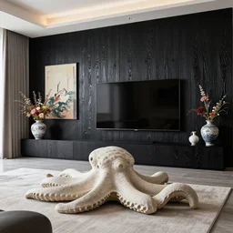 living room, stone sculpture, cephalapod, interior design, stylish luxury living room design, yakisugi, black vertical slatted timber, large tv, textures, feminine, black walls, art, japanese pottery vase with flowers, ikebana with australian wildflowers, kakejiku, japanese influences