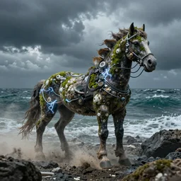 a sea marine creature covered in moss shells and electronic wires, electricity, shock, earthquake, ocean, sea, horse, dust particles, covered in dust, grind, rocks, dark clouds