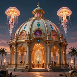 symmetrical cinematic, jellyfish victorian pavilion dome, latex rave, steampunk, art deco, burning man, octane render, architecture