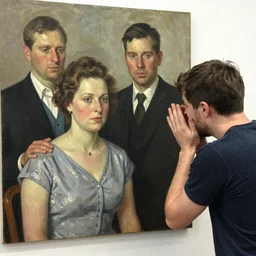 a thin man is horrified by an oil painting of his wife, painted by norman rockwell and tom lovell and frank schoonover