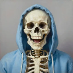 a beautiful, hyperrealism, oil painting symmetrical portrait of a glee skeleton wearing a white string attached light blue hoodie who smiles tremendously, and excites his bone face full of joy and pure happiness, in the style of james jebusa shannon, reisha perlmutter and finnian macmanus : 5