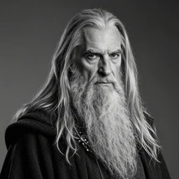 a closeup black and white studio photographic portrait of gandalf, dramatic lighting