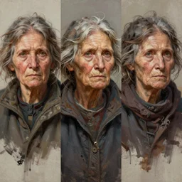 triad colours, painted portrait of rugged old homeless woman by ruan jia greg rutkowski, unkempt hair, clear face feminine female mature sensual beautiful homeless fantasy intricate elegant detailed digital painting, concept art artstation sharp focus illustration