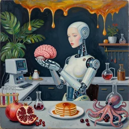 dark kitchen of an art student, portrait of a female transhuman robot holding a brain, feminine, organic, japanese pottery, digital medical equipment, tropical houseplants, test tubes, honey dripping from ceiling, berries dripping juice, pancakes, pomegranate, berries, octopus, scientific glassware, neo - expressionism, surrealism, acrylic and spray paint and oilstick on canvas