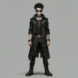 a goth nerd guy wearing goggles and eccentric jewelry by jamie hewlett :: full body character concept art, full body, detailed