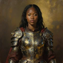 realistic portrait of asian black goddess in armor, atmospheric lighting, painted, intricate, volumetric lighting, beautiful, rich deep colors masterpiece, golden hour, sharp focus, ultra detailed, by Leesha Hannigan, Ross Tran, Thierry Doizon, Kai Carpenter, Ignacio Fernández Ríos