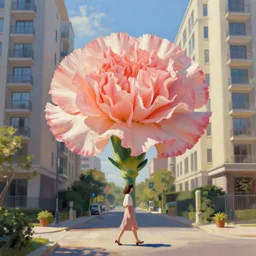 large carnation flower head, woman walking between luxury apartments, surreal photography, sunlight, impressionist painting, digital painting, artstation, simon stalenhag