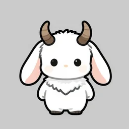 sympathetic fantasy creature with fluffy white fur coat, drooping rabbity ears, and cute little horns. Vector art, svg. Cartoon character concept.