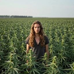 long haired man inside a massive hemp field