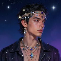 the day man, iasip, in the starry sky, boho channel accessories, star sparkles, sharp focus, d & d, epic retrowave art, masterpiece, trending on art station, fantasy, digital painting, highly detailed, 8 k realistic, dof, art by artgerm, greg rutkowski, sasoura, satchely, no distorsion