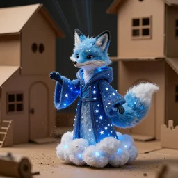 stop motion starry blue fox druid wearing magic imbued cotton cloud mage robes with led lights stitched on the fabric to resemble stars, cinematic, cardboard house background, dust particles, god rays, led lights, dungeons and dragons, fantasy art, real life, photograph, national geographic, dynamic camera angle, macro camera shot