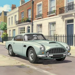a pencil sketch of anaston martin db 5, in a rich london mews residential street, medium range, studio ghibli, ( pixar ) and disney animation, sharp, very detailed, bloom, high resolution, anime key art by greg rutkowski