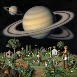a garden in orbit around saturn, 8 k, lowbrow, in the style of martin johnson heade, roger dean and h. r. giger,