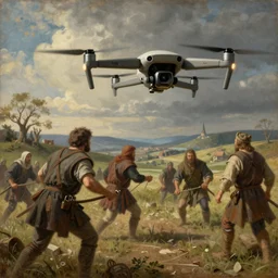 A painting of DJI Mavic (((((drone))))) attack peasant, medieval graphic, high detailed, museum archive