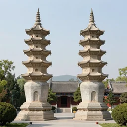 twin chinese buddhist pagodas made of stone in a beautiful chinese landscape by anato finnstark, by alena aenami, by john harris, by ross tran, by wlop, by andreas rocha,
