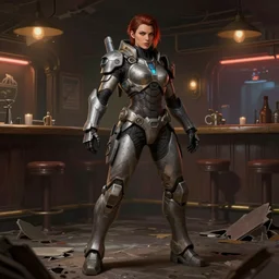 hyper detailed ultra sharp full body matte character portrait of a woman wearing cyberpunk power armor standing in a destroyed dive bar doing an action pose, realistically proportioned face, cinematic lighting, good value control, smooth, realistic shading, realistic face details, smooth, highly detailed, digital painting, painted texture maps, illustration, substance painter