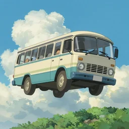 old school bus flying in the sky, clouds, mountains, studio ghibli style, art by miyazaki, anime illustration