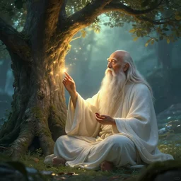 a long beard sage worshipping under the tree of wisdom, magical world, by greg rutkowski, sung choi, photo realistic, 8 k, cinematic lighting, hd, atmospheric, hyperdetailed, trending on artstation, devainart, digital painting, glow effect
