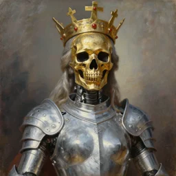 beautiful expressive oil painting portrait of ancient cyborg god queen, silver armor, with a scratched gold skull mask ascending wearing a neo japan crown, art by anders zorn, wonderful masterpiece by greg rutkowski, beautiful cinematic light, american romanticism by greg manchess, jessica rossier